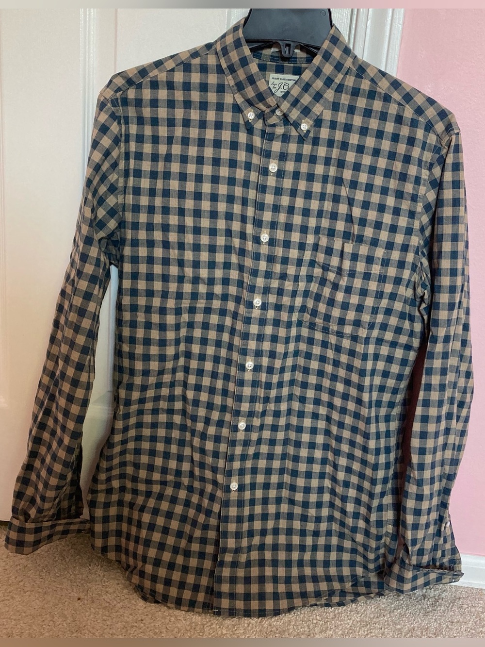 J. Crew Men's Button-Down Checkered Shirt in Navy and Tan Pattern